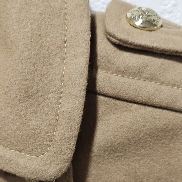Women's Wool Blend Pea Coat Ruffle Hem Tan Khaki Camel Winter Coat XS - Picture 6 of 15